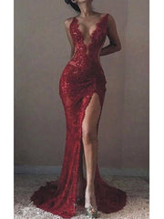Sexy Burgundy V-neck Beading Mermaid Long Prom Dress with Slit, PD3634