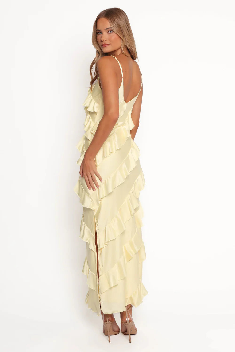 PETAL & PUP - CIAO RUFFLES MAXI SATIN DRESS PALE YELLOW