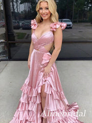 Elegant Blue V-neck Ruffles A-line Long Prom Dress, Evening Dress, PD3649