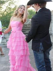 Sweet Strapless Pink Chiffon A-line Tiered Prom Dress, Formal Dress, PD382268
