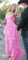 Sweet Strapless Pink Chiffon A-line Tiered Prom Dress, Formal Dress, PD382268