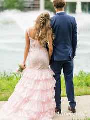 Elegant Light Pink Ruffles Side Slit Corset Prom Dress with Cap Sleeves, PD2823060