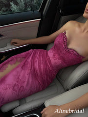 Sexy Hot Pink Lace Aplliques Strapless Mermaid Prom Dress with Slit, Evening Dress, PD2823057
