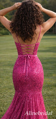 Sparkly Pink Sequins Mermaid Prom Dress with Lace-Up Back, Evening Dress, PD3823014