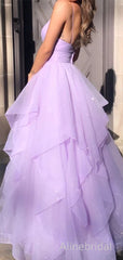 Glittery Purple Spaghetti Strap A-line Tiered Tulle Prom Ball Gown, Evening Dress, PD3822995