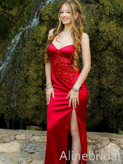 Elegant Red Lace Spaghetti Straps Prom Dress with Slit, Evening Dress, PD3822965