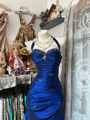 Vintage Royal Blue Beading Mermaid Prom Dress Slit, Evening Dress, PD2823074