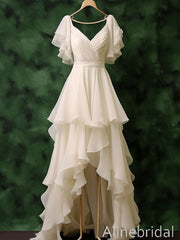 Elegant Ivory Chiffon Ruffles A-line Prom Dress, High Low Tiered Evening Dress, PD3822990