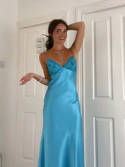 Blue Spaghetti Straps Mermaid Prom Dress with Tie-Back, Floor-Length Evening Dress, PD38063