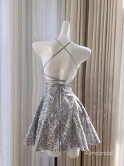 Sexy Spaghetti Lace-up Back A-line Silver Sequins Mini Homecoming Dress, PD382258