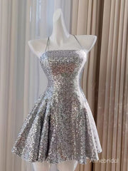 Sexy Spaghetti Lace-up Back A-line Silver Sequins Mini Homecoming Dress, PD382258
