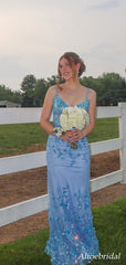 Sparkly Blue Lace Mermaid Prom Dress with Corset Bodice, PD3823038
