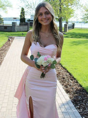 Elegant Pink Strapless Ruffles Mermaid Prom Dress with Slit, Formal Dress, PD382271