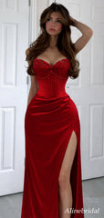 Sparkly Red Beadings Corset Prom Dress with Slit, Evening Dress, PD2823061
