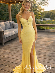 Sparkly Yellow Beaded V-neck Mermaid Long Prom Dress with Slit, Evening Dress, PD381771