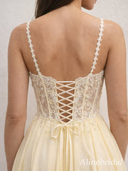 Elegant Yellow Chiffon A-line Prom Dress with Lace Applques, Evening Dress, PD3823044