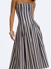 Wyanne Black & White Linen Striped Strapless Midi Dress