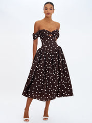 Xandie Mocha Polka Dot Off-Shoulder Midi Dress