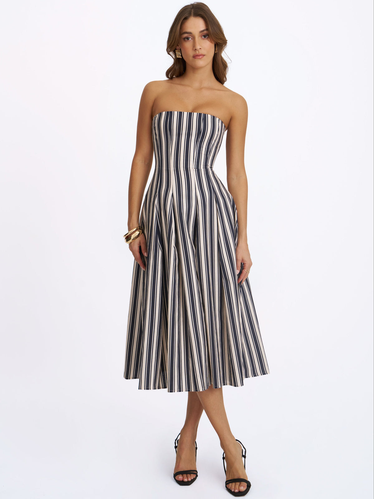 Wyanne Black & White Linen Striped Strapless Midi Dress