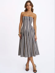 Wyanne Black & White Linen Striped Strapless Midi Dress
