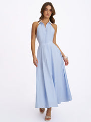 Winslet Sky Blue Striped Cotton Poplin Halter Maxi Dress