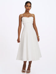 Vicenta White Cotton Poplin Ruched Midi Dress