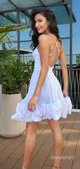 Elegant Scoop White A-line  Short Homecoming Dress with Crisscross Back, HC382276