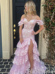 Sparkly Pink Off the Shoulder Ruffles Tiered Corset Prom Dress, Evening Dress, PD382292