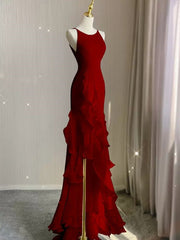 Sexy Red Chiffon Ruffled Tiered Evening Dress with Slit, PD3661