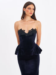 Pascha Black Lace Appliqué Strapless Peplum Midi Dress
