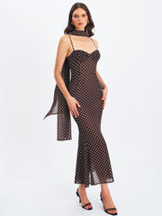 Yadira Brown Base Polka Dot Chiffon Maxi Dress