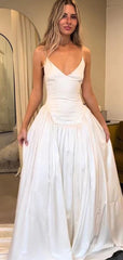 Elegant Ivory Satin V-neck A-line Wedding Dress, WD3119