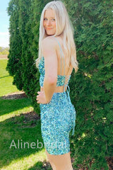 Sparkly Blue Sequins V-neck Two pieces Sheath Short Mini Homecoming Dress, HD3102