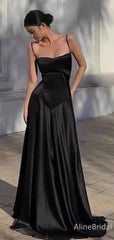 Minimalist Black Spaghetti Straps A-line Long Prom Dress, PD38124