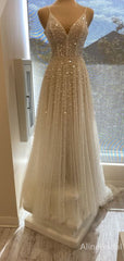 Sparkly White V-neck Spaghetti Strap A-line Long Prom Dress, Tulle Evening Gowns, PD38132