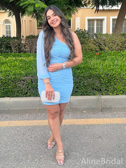 Elegant Pale Blue One Long Shouler Short Homecoming Dress, HD328000
