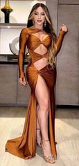 Sexy Burnt Orange Side Slit Cut Out Mermaid Long Prom Dress, Evening Gown, PD381757