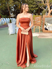 Elegant Rust Strapless A-line Long Prom Dress with Side Slit, Evening Dress, PD3822970