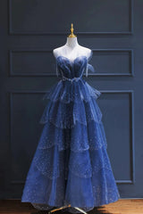 Sparkly Strapless Beaded A-line Blue Layered Tulle Prom Dress, Evening Dress, PD3663