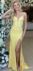 Sparkly Yellow Beaded V-neck Mermaid Long Prom Dress with Slit, Evening Dress, PD381771