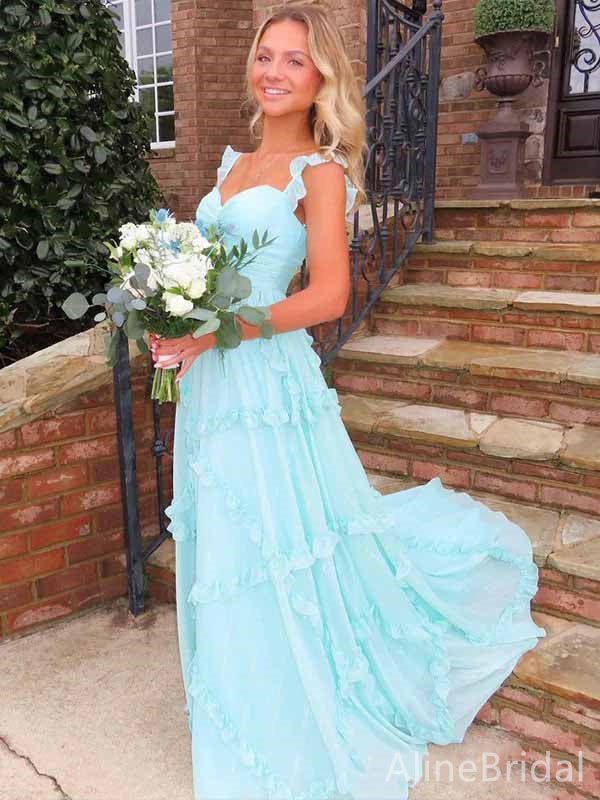 Elegant Blue Chiffon A-line Long Prom Dress with Ruffles, PD381774