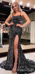 Sparkly Side Slit Black Sequins Mermaid Prom Dress, Long Cut Out Evening Dress, PD3823016
