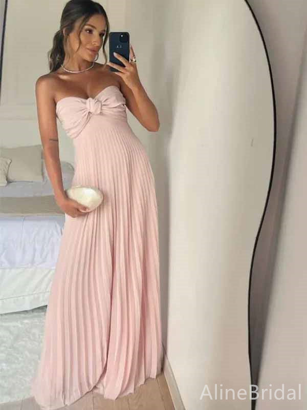 Elegant Pink Bow Strapless A-line Long Prom Dress, Evening Dress, PD381821