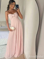 Elegant Pink Bow Strapless A-line Long Prom Dress, Evening Dress, PD381821
