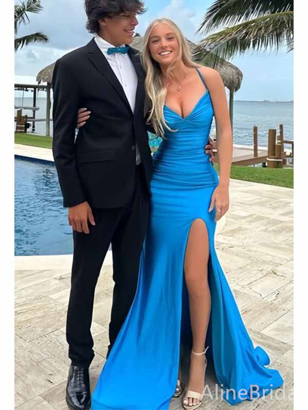 Elegant Blue V-neck Backless Mermaid Long Prom Dress with Slit, PD381823