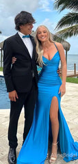 Elegant Blue V-neck Backless Mermaid Long Prom Dress with Slit, PD381823