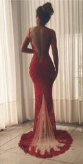 Sexy Burgundy V-neck Beading Mermaid Long Prom Dress with Slit, PD3634
