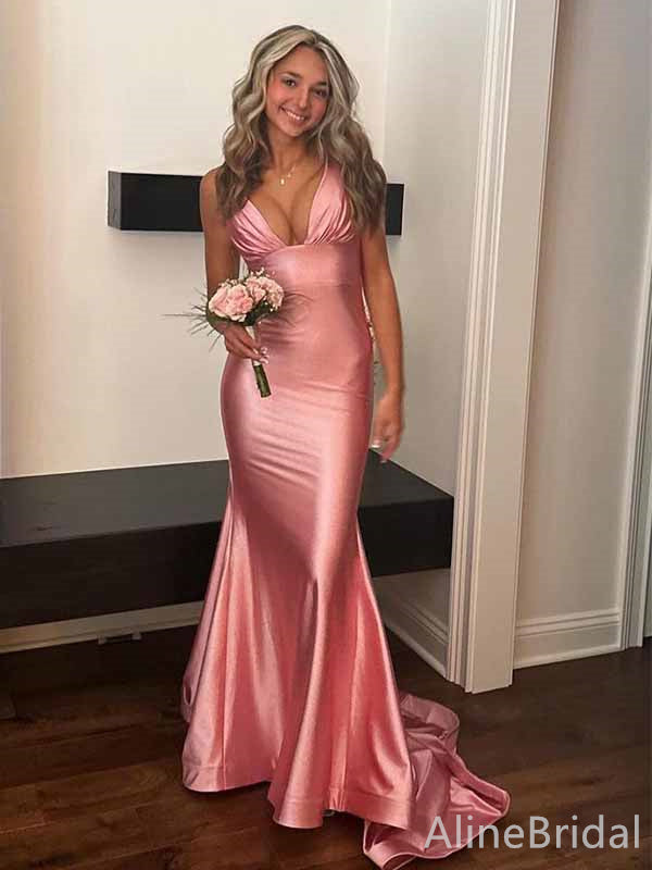 Sexy Pink V-neck Mermaid Long Prom Dress with Train, Evening Dress, PD381831