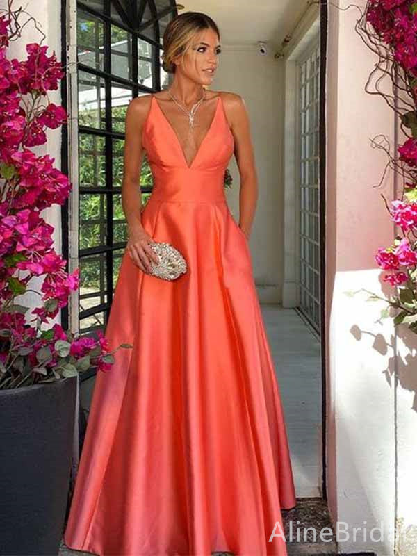 Elegant Coral Orange V-neck A-line Long Prom Dress, Evening Dress, PD381836