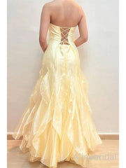 Elegant Yellow Tulle Strapless Ruffles A-line Long Prom Dress, Evening Dress, PD3823017